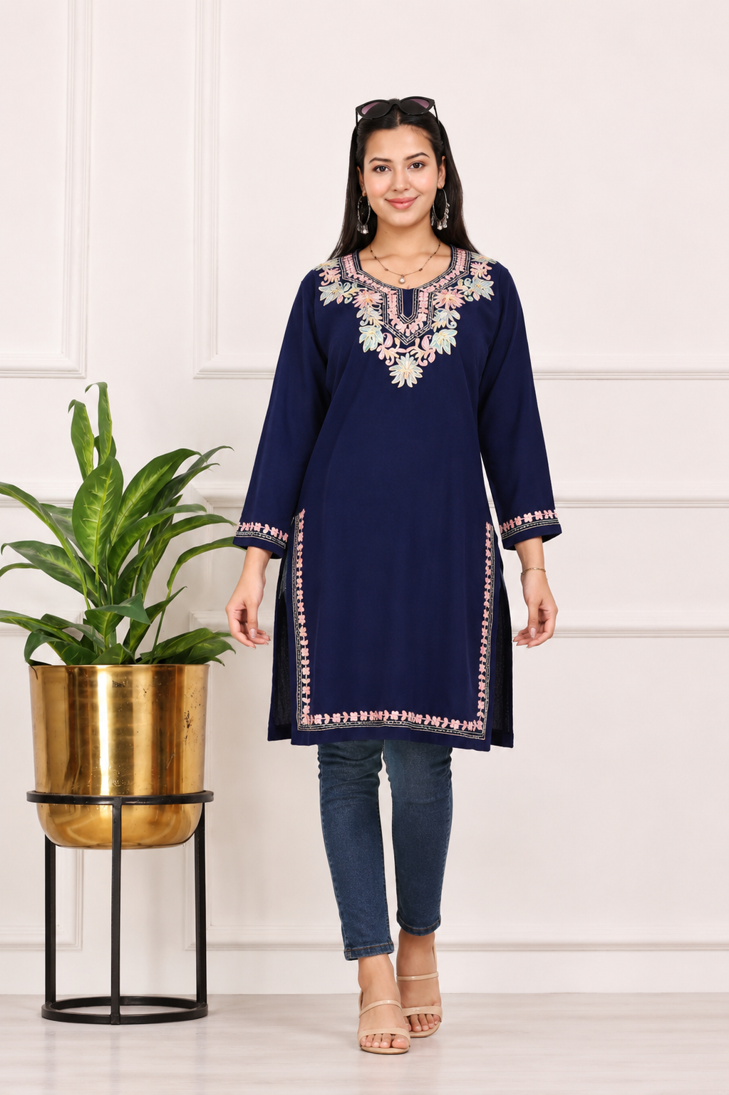 Women’s Navy Blue Kashmiri Embroidered Kurti